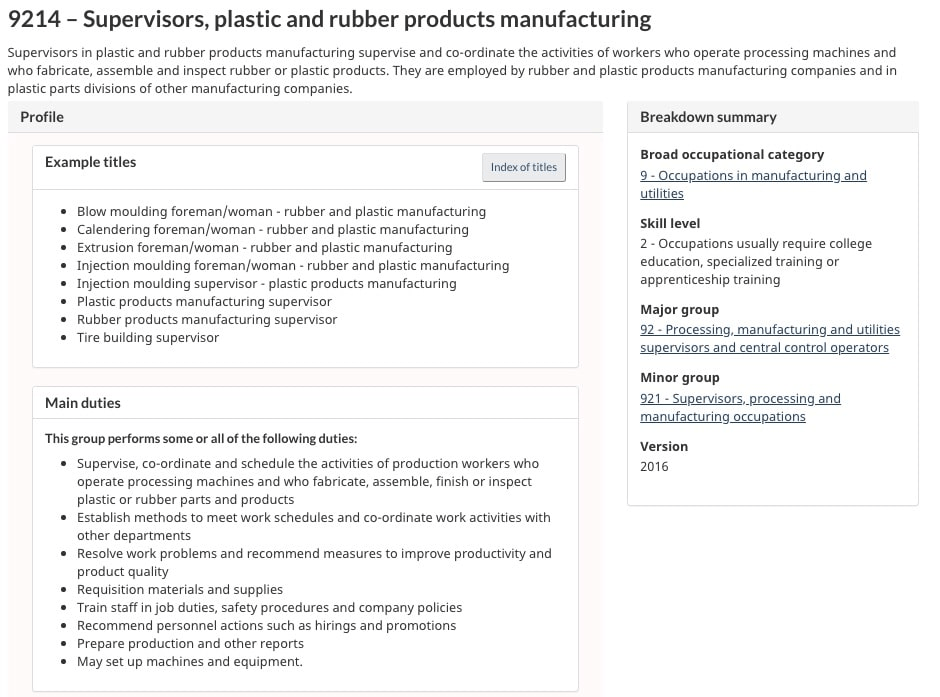 Bảng mô tả chi tiết về công việc mang mã NOC 9214